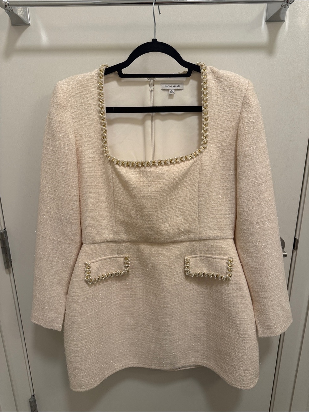 NADINE MERABI Cream Bouclé Square-Neck Long Sleeve Dress with Pearl Trim size XL